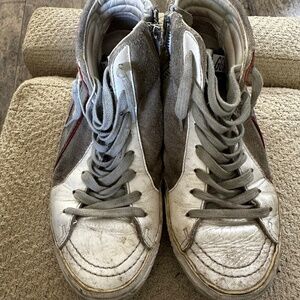 GGDB Slide Skateboard Sneakers - High Top Beige suede and white leather